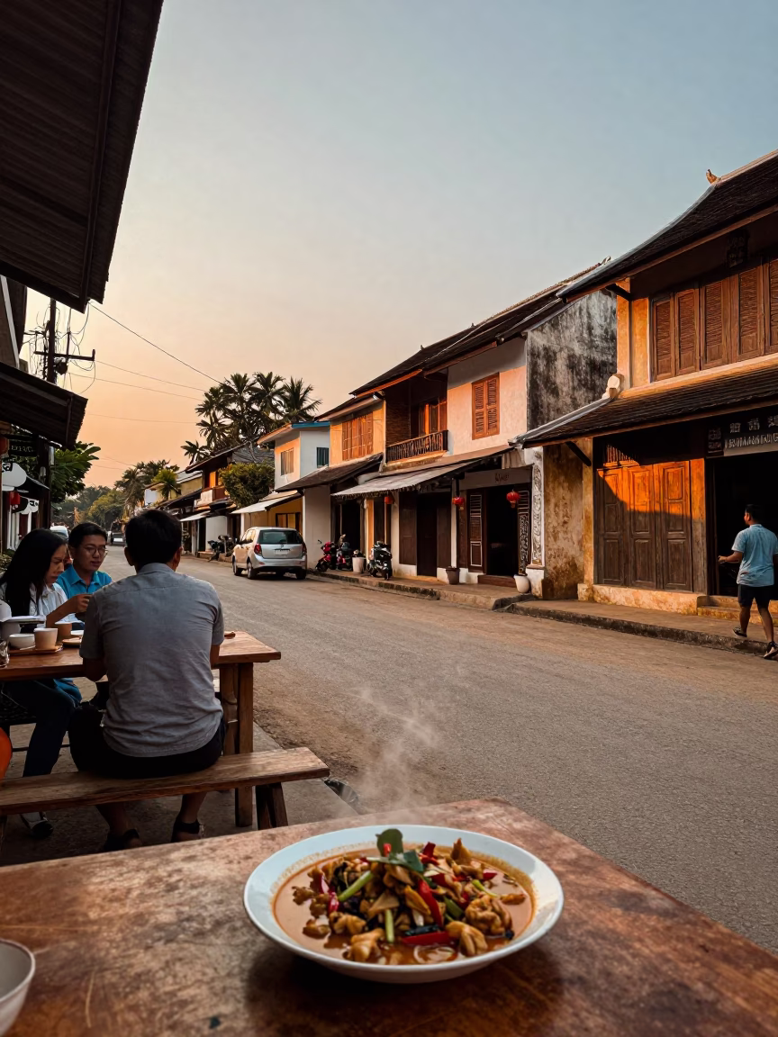 Luang Prabang Evening Street Scene with Local Diners and Traditional Architecture in in Luang Prabang, Laos