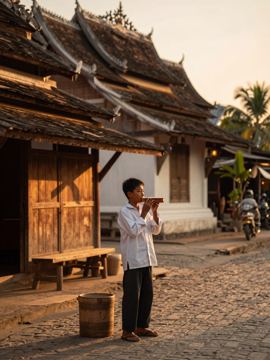 Luang Prabang Evening Street Scene with Local Vendor and Wooden Architecture in in Luang Prabang, Laos