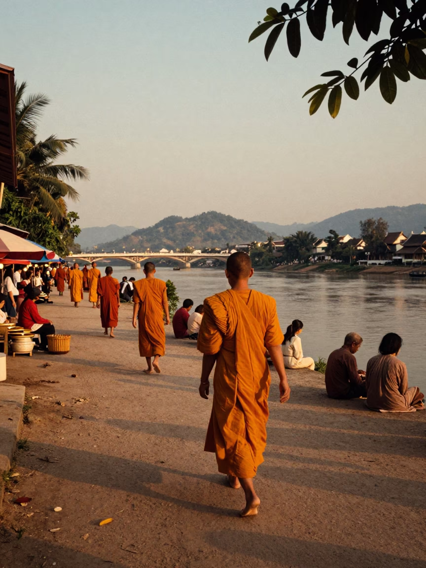 Luang Prabang Evening Street Scene with Monk Alms and Traditional Architecture in in Luang Prabang, Laos
