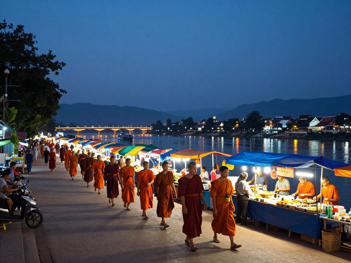 Luang Prabang Evening Street Scene with Monks and City Lights in in Luang Prabang, Laos