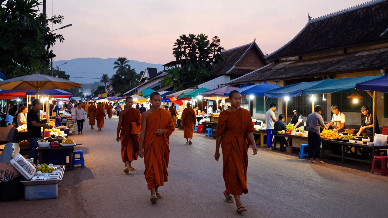 Luang Prabang Evening Street Scene with Monks and Local Vendors in in Luang Prabang, Laos