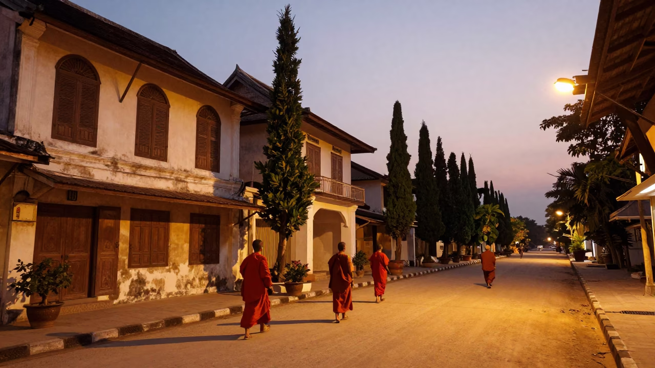 Luang Prabang Evening Street Scene with Monks and Traditional Architecture in in Luang Prabang, Laos