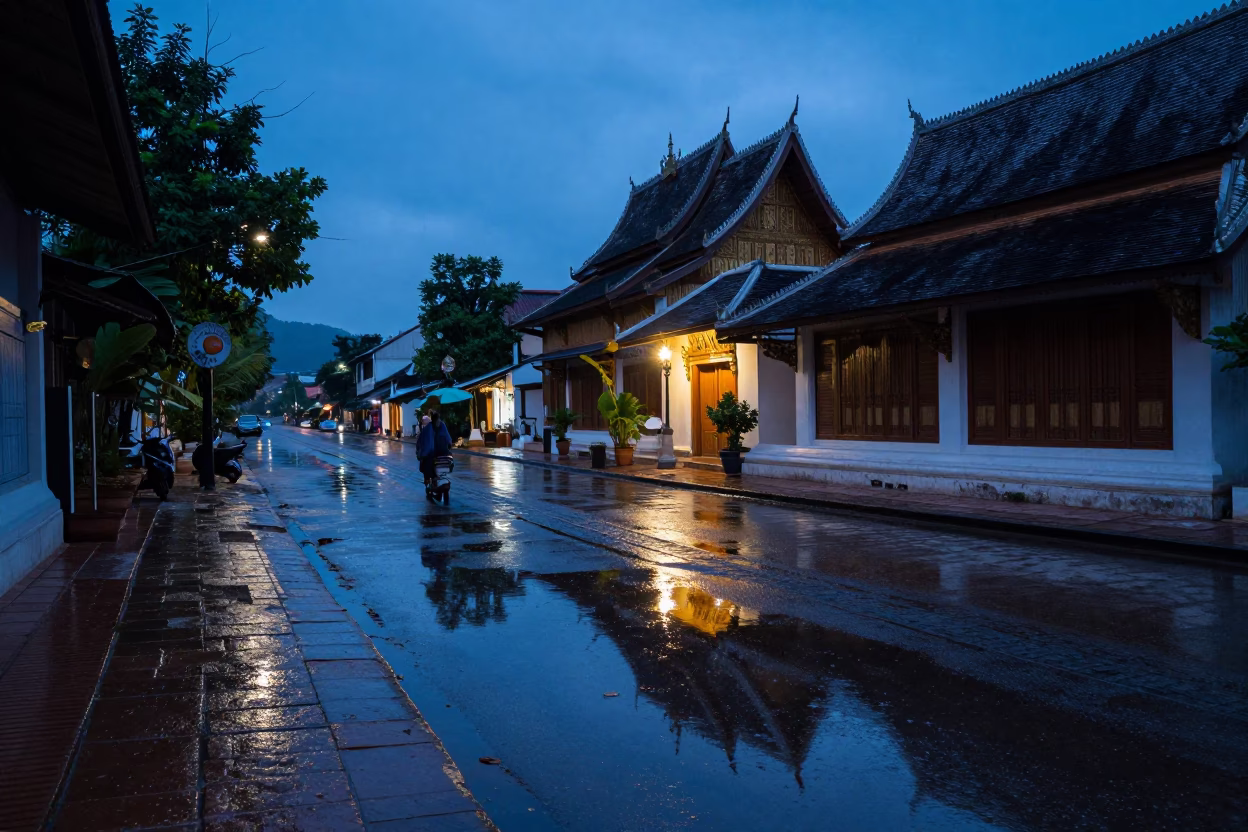 Luang Prabang Evening Street Scene with Puddle Reflections and Traditional Architecture in in Luang Prabang, Laos