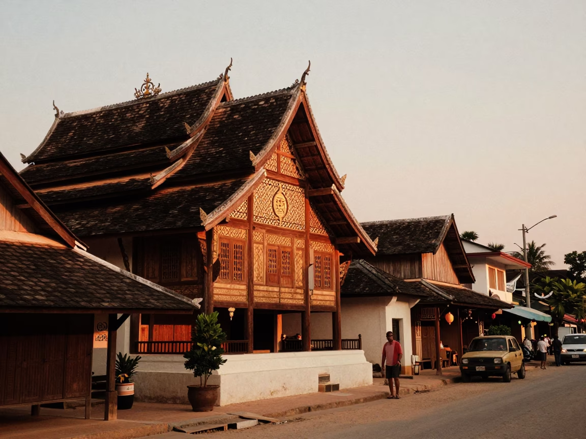 Luang Prabang Evening Street Scene with Traditional Architecture and Local Life in in Luang Prabang, Laos