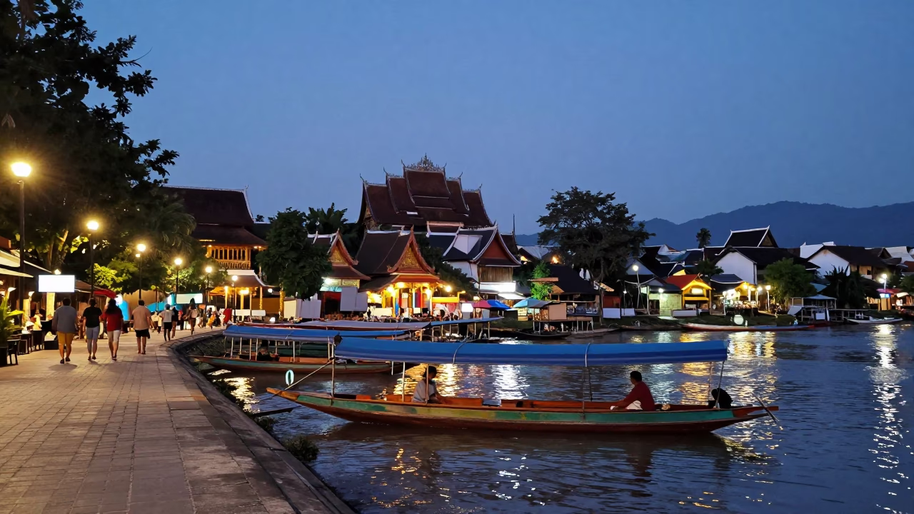 Luang Prabang Evening Street Scene with Traditional Sampan and Colorful Market Goods in in Luang Prabang, Laos