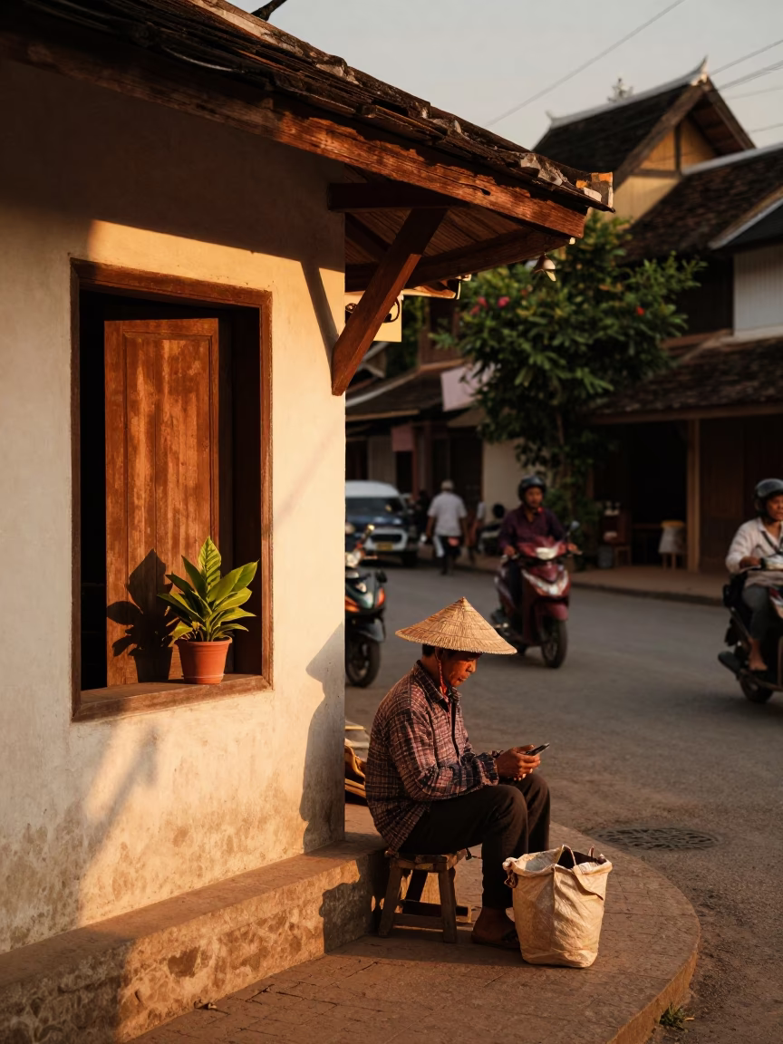 Luang Prabang Evening Street Scene with Vendor and Prayer Plant in Golden Light in in Luang Prabang, Laos