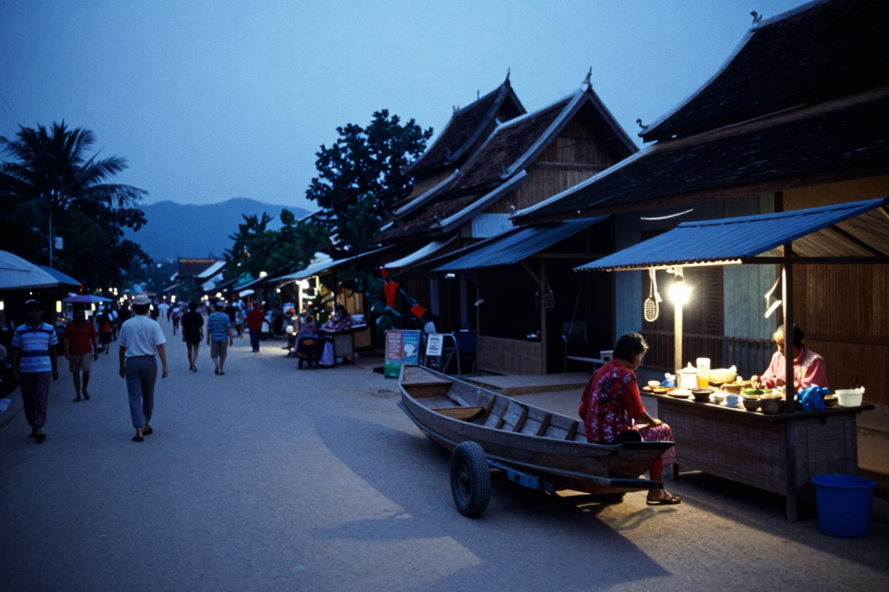Luang Prabang Evening Street Scene with Wooden Boat and Local Vendor in in Luang Prabang, Laos