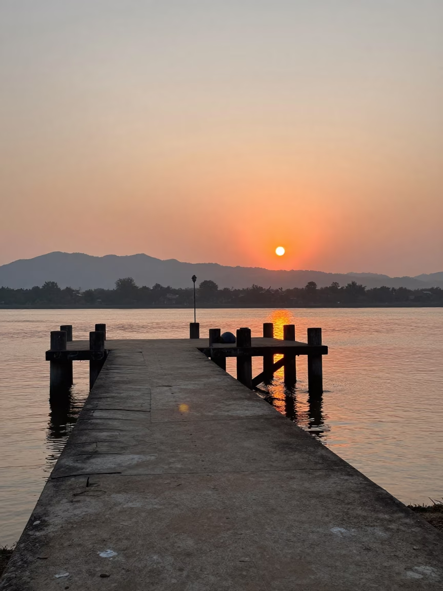Luang Prabang Ferry Ramp at As The Sun Drops Toward The Horizon in in Luang Prabang, Laos