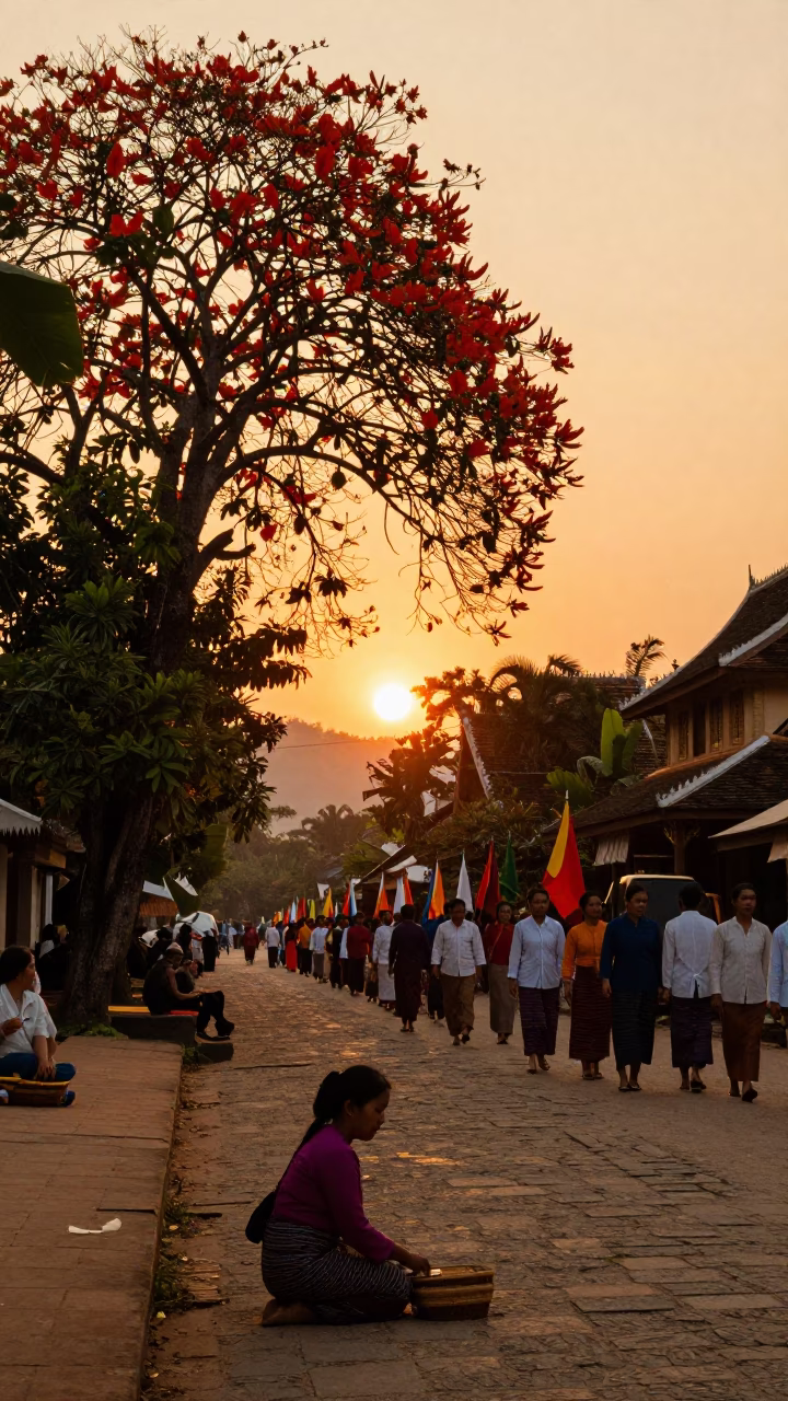 Luang Prabang Flame Trees at As The Sun Drops Toward The Horizon in in Luang Prabang, Laos