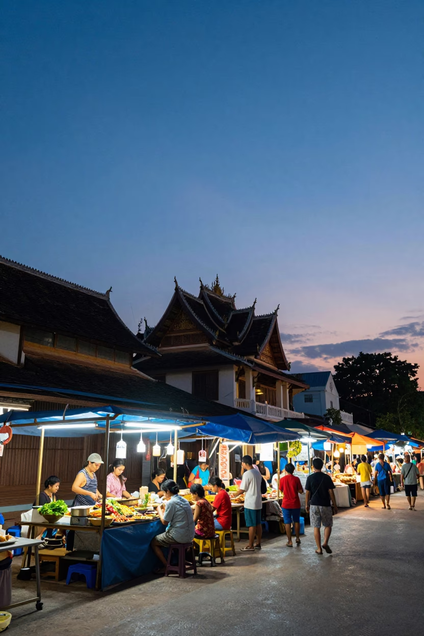 Luang Prabang Food Court at Blue Hour in in Luang Prabang, Laos
