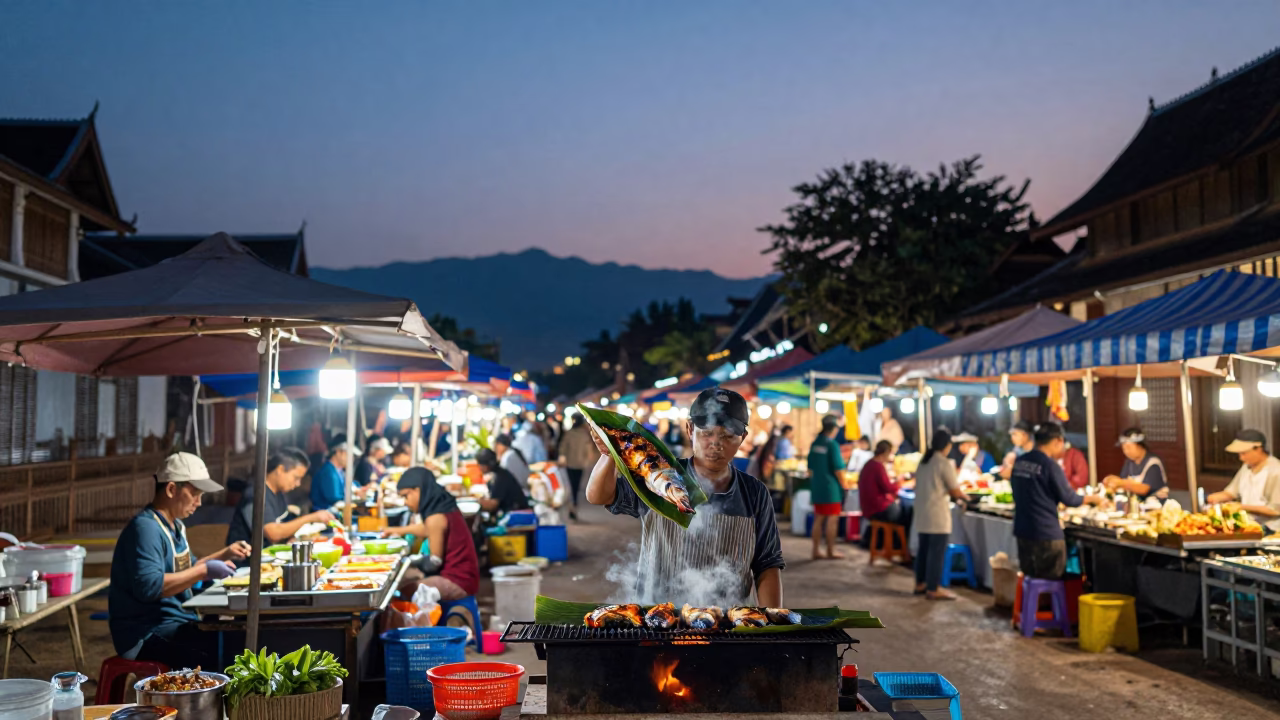 Luang Prabang Food Stalls at Indigo Twilight After Sunset in in Luang Prabang, Laos