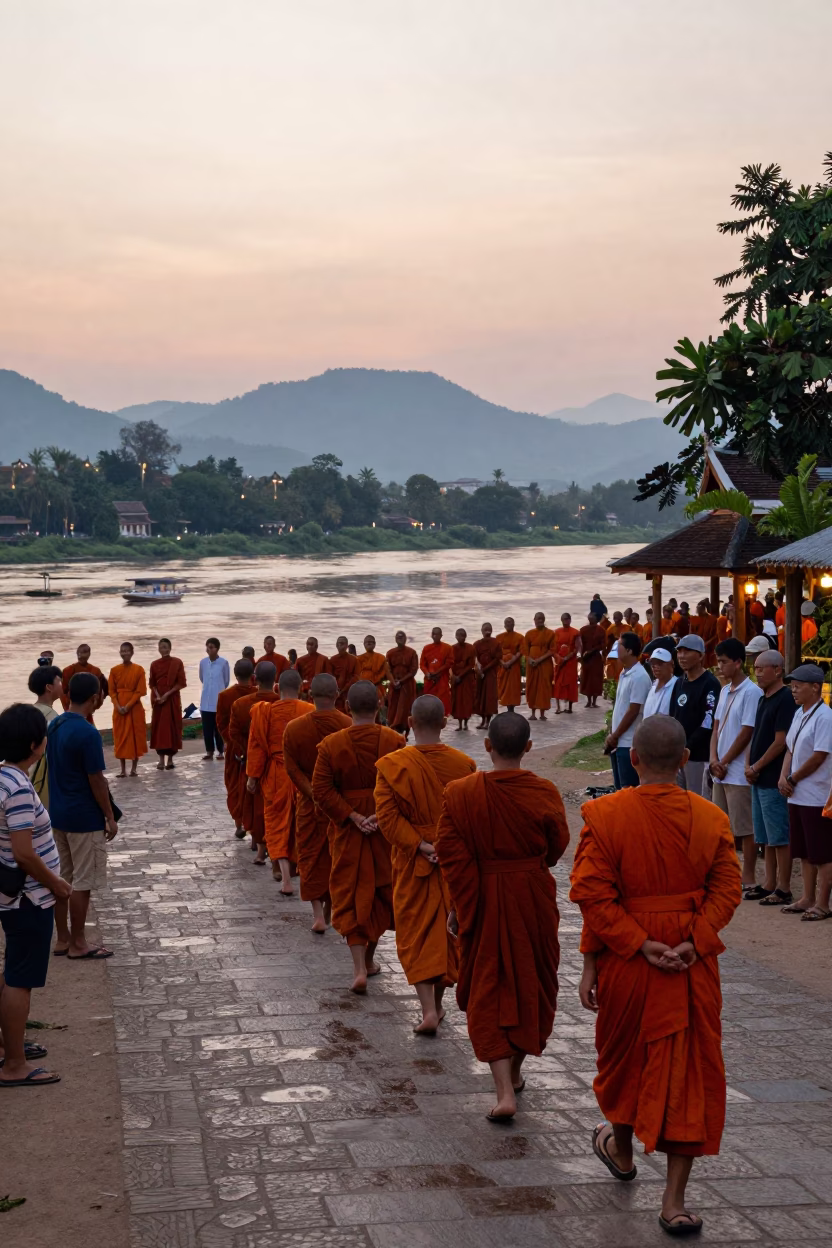 Luang Prabang Giving Ceremony at The Still Hours Before Dawn Light in in Luang Prabang, Laos