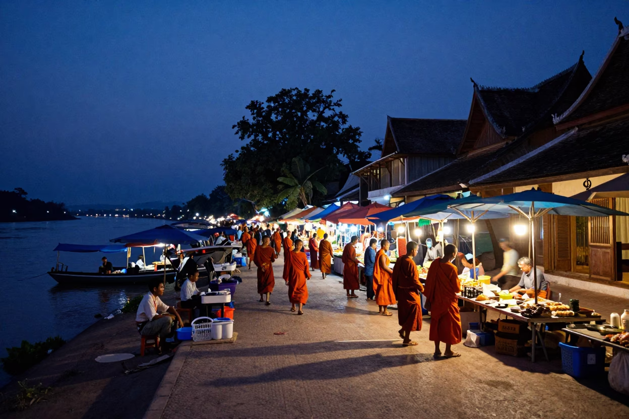 Luang Prabang Indigo Twilight Street Scene with Monks and Local Life in in Luang Prabang, Laos