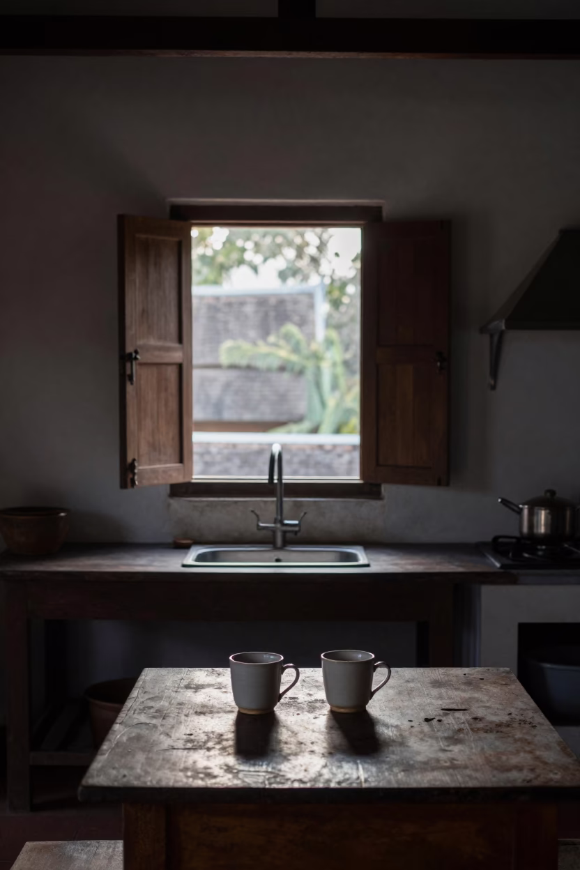Luang Prabang Kitchen Interior at The Still Hours Before Dawn Light in in Luang Prabang, Laos