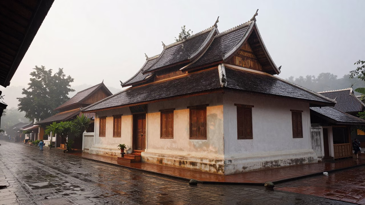 Luang Prabang Lao Architecture at First Light in in Luang Prabang, Laos