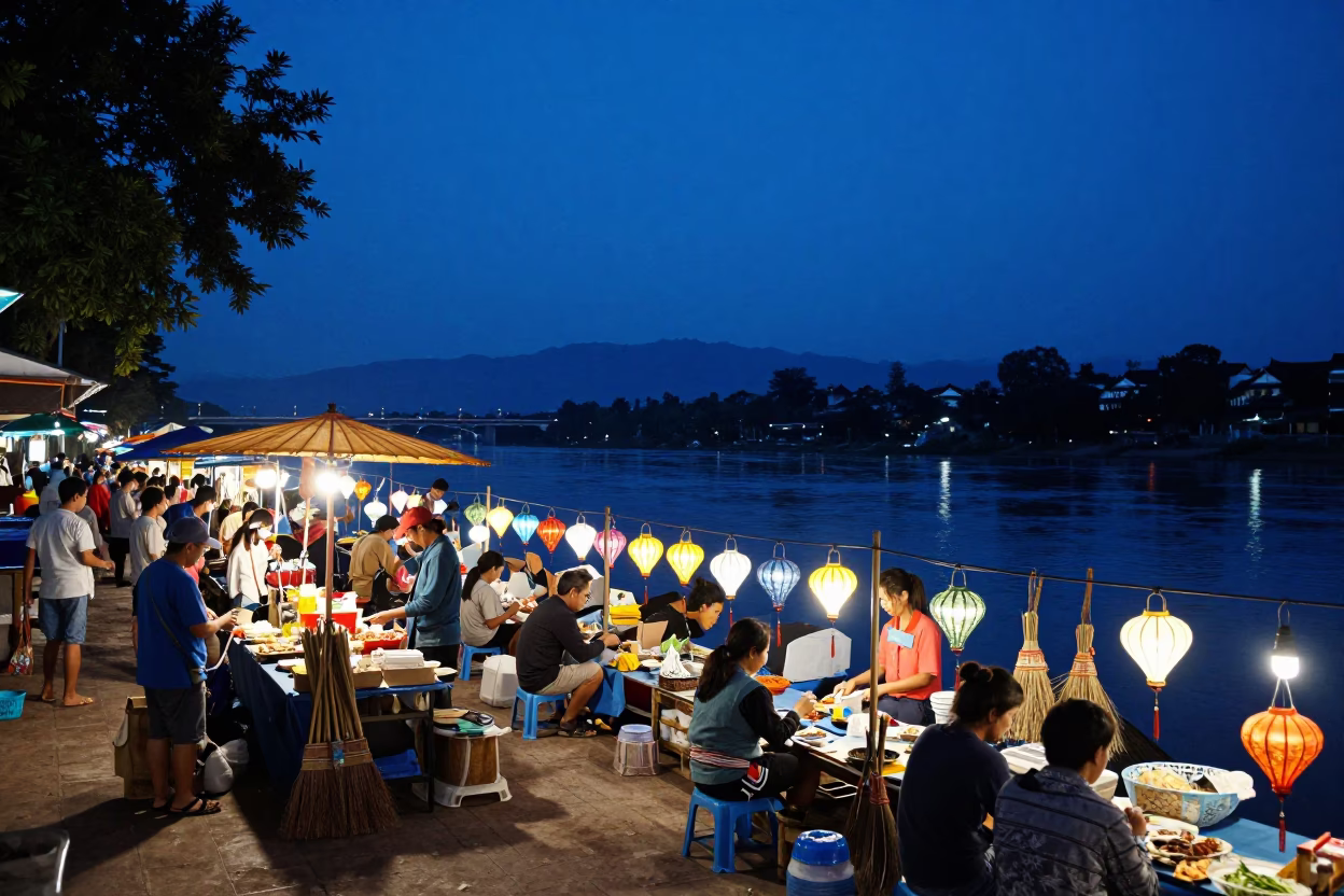 Luang Prabang Laos Blue Hour Night Market Scene with Brooms and Lanterns in in Luang Prabang, Laos