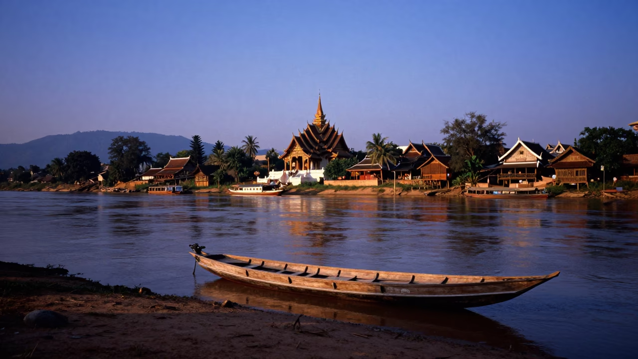 Luang Prabang Laos Blue Hour River View with Traditional Wooden Boat and Temple Silhouette in in Luang Prabang, Laos