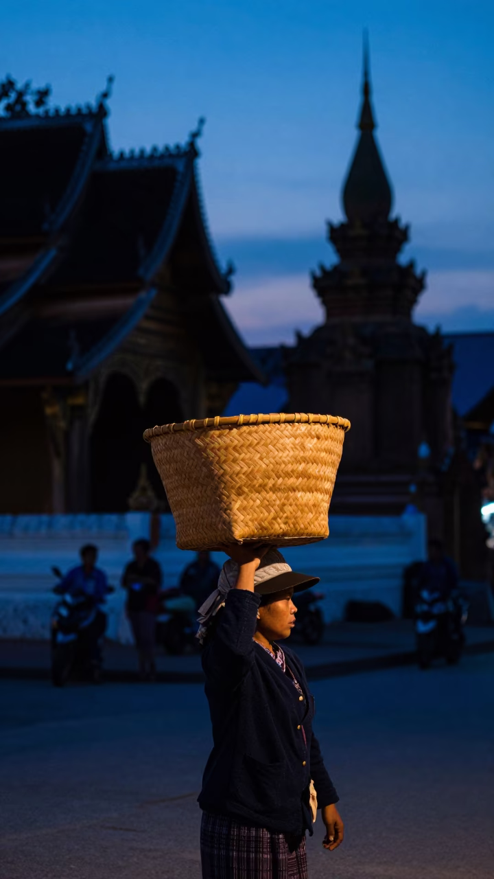 Luang Prabang Laos Blue Hour Street Photography with Woven Basket and Temple Silhouettes in in Luang Prabang, Laos