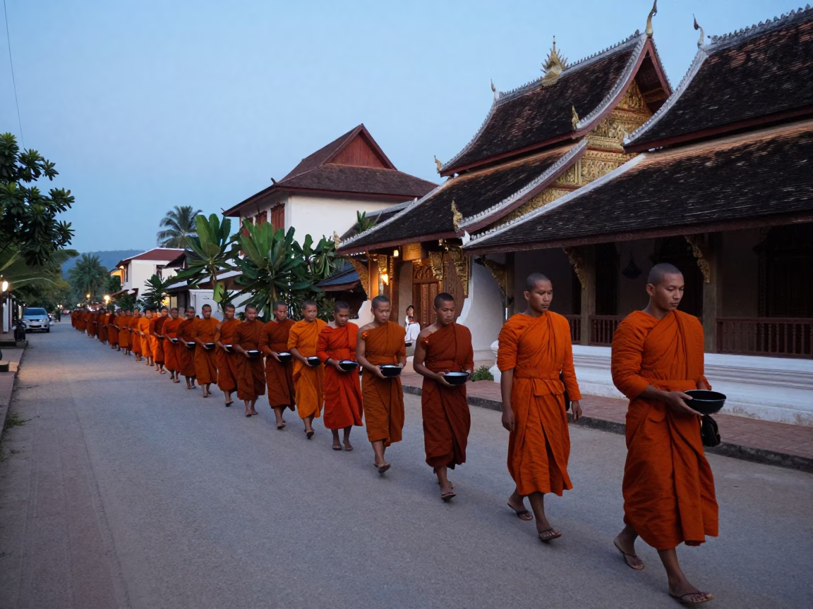 Luang Prabang Laos blue hour street scene with monk alms and traditional architecture in in Luang Prabang, Laos