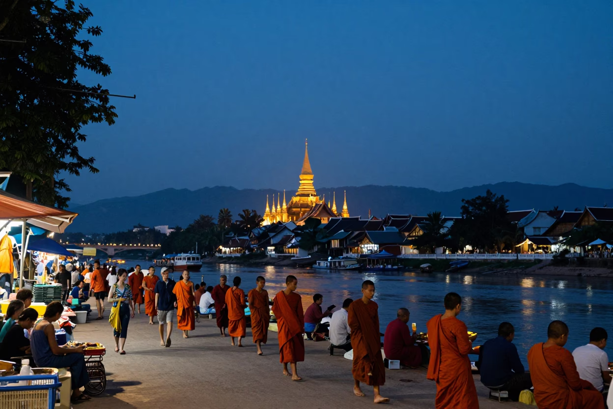 Luang Prabang Laos Blue Hour Street Scene with Monks and Local Market Activity in in Luang Prabang, Laos