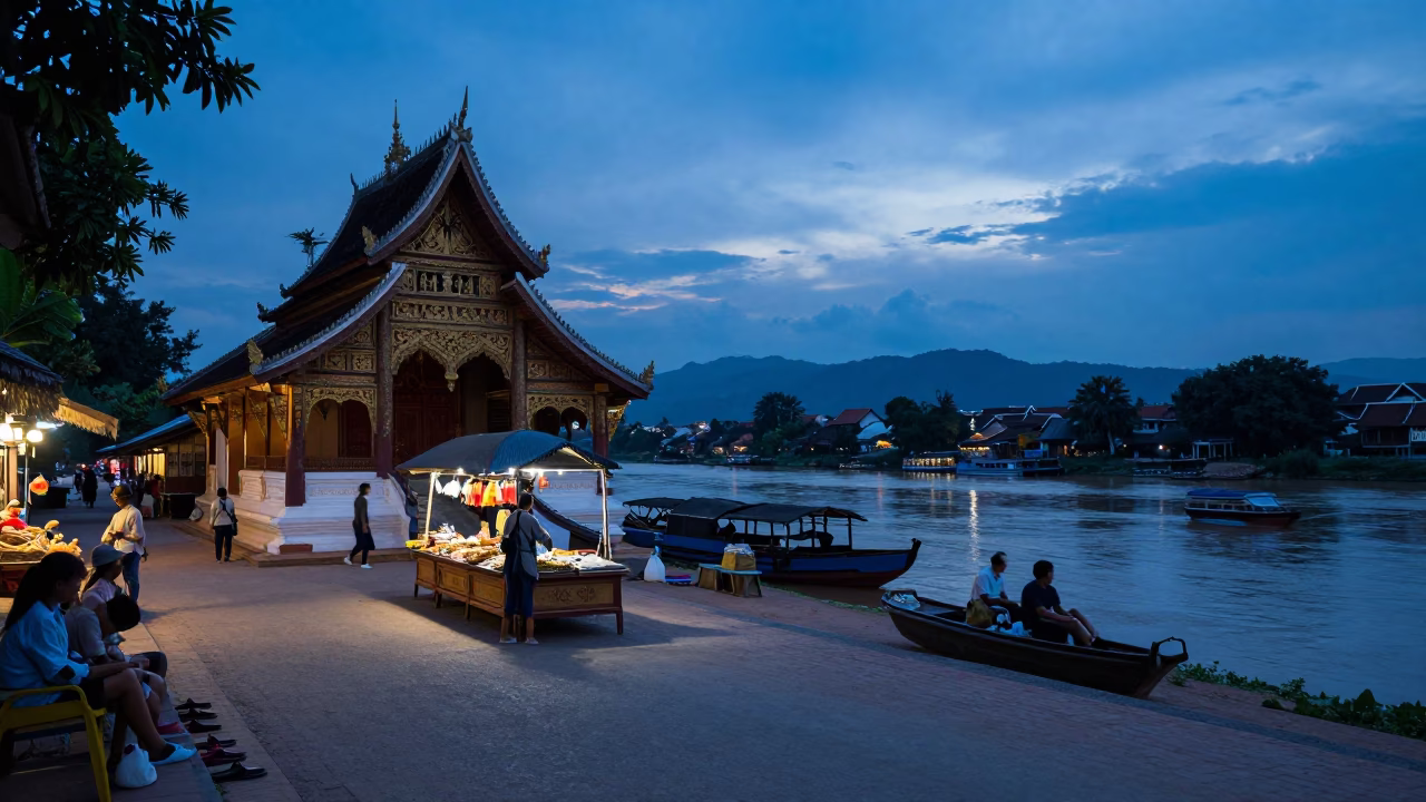 Luang Prabang Laos Blue Hour Street Scene with Slippers and Local Activity in in Luang Prabang, Laos