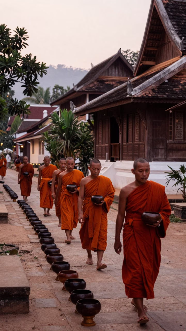 Luang Prabang Laos Dawn Monks Collecting Alms with Wooden Bowls in in Luang Prabang, Laos