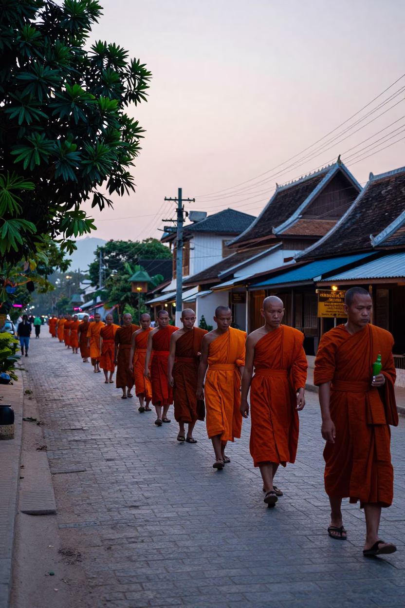Luang Prabang Laos Dawn Street Scene with Monks and Local Life at First Light in in Luang Prabang, Laos