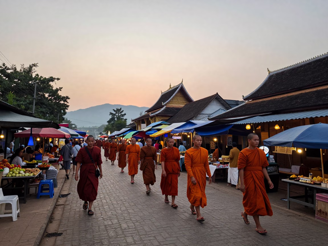 Luang Prabang Laos Dawn Street Scene with Monks and Local Market Activity in in Luang Prabang, Laos