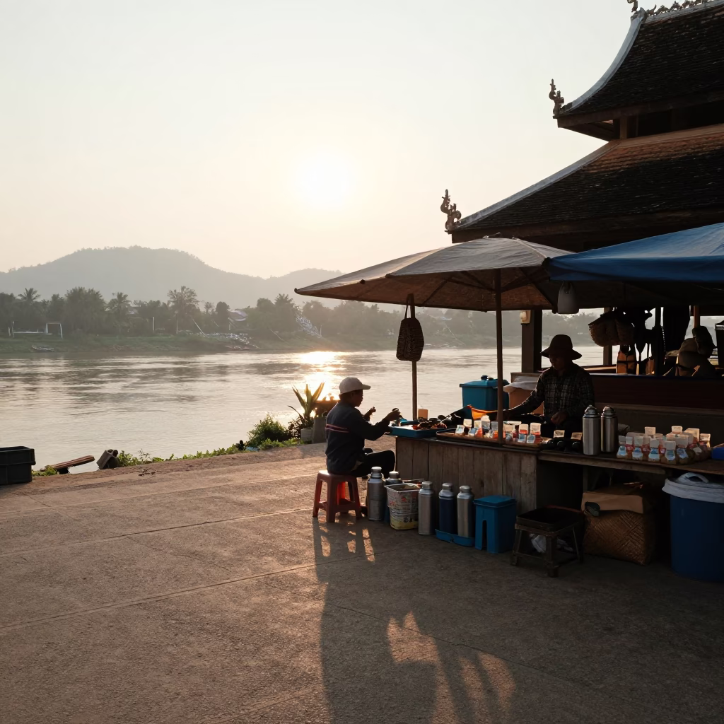 Luang Prabang Laos Dawn Street Scene with Wicker Shadows and Thermos at First Light in in Luang Prabang, Laos