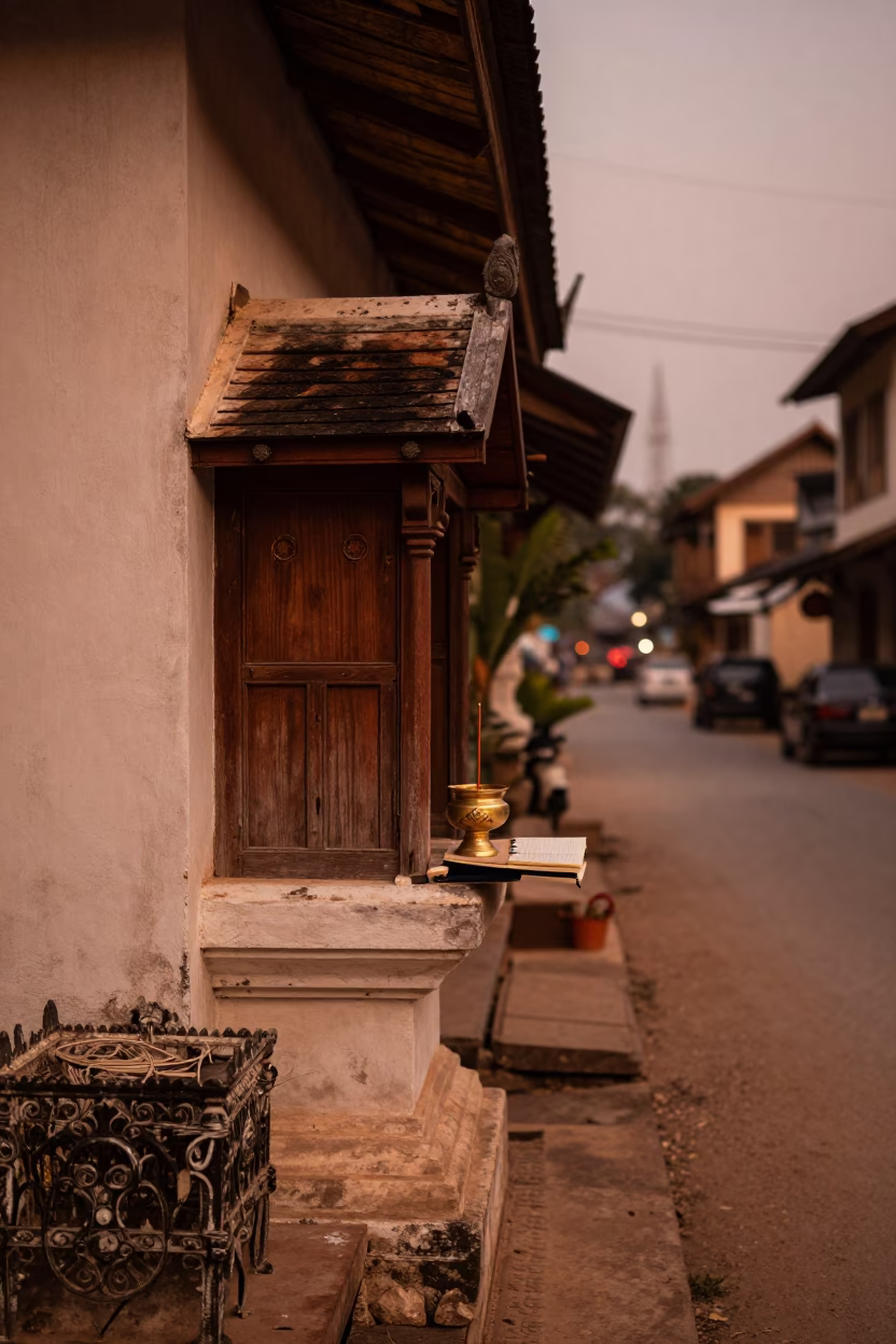 Luang Prabang Laos Dusk Street Scene with Incense Holder and Notebook in in Luang Prabang, Laos
