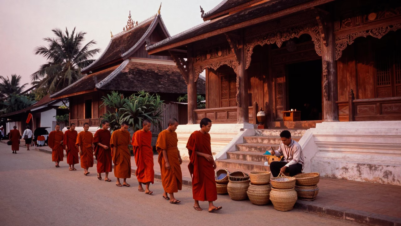 Luang Prabang Laos Dusk Street Scene with Monks and Local Life in in Luang Prabang, Laos