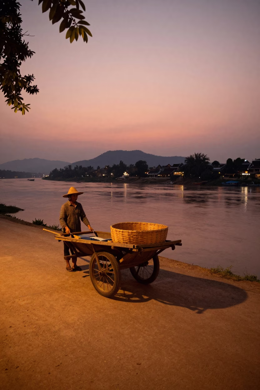 Luang Prabang Laos Dusk Street Scene with Wooden Cart and Wicker Shadow in in Luang Prabang, Laos