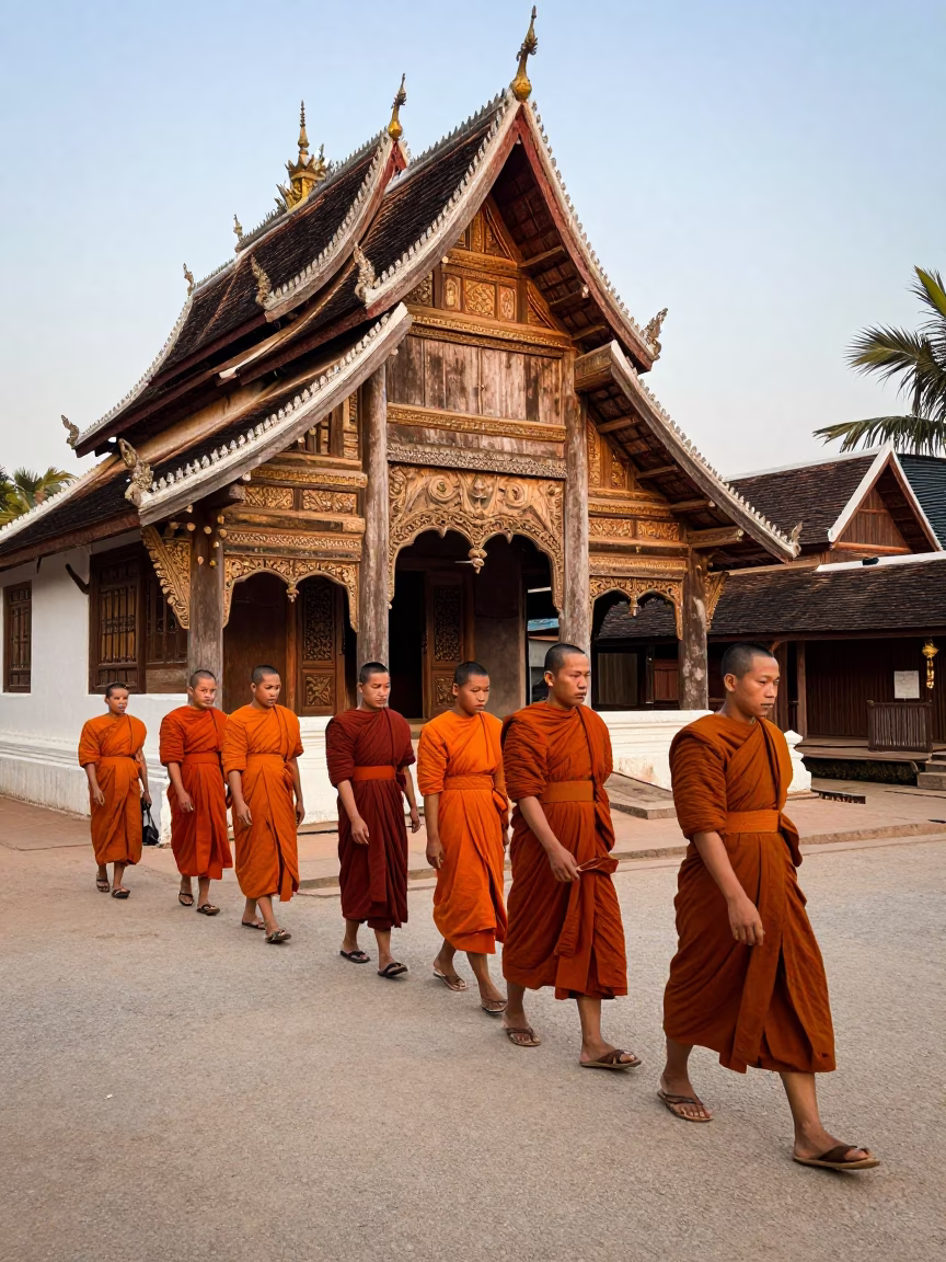 Luang Prabang Laos Early Afternoon Street Scene with Monks and Traditional Architecture in in Luang Prabang, Laos