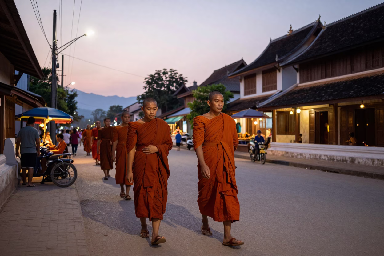 Luang Prabang Laos Early Evening Street Scene with Monks and Local Market Activity in in Luang Prabang, Laos