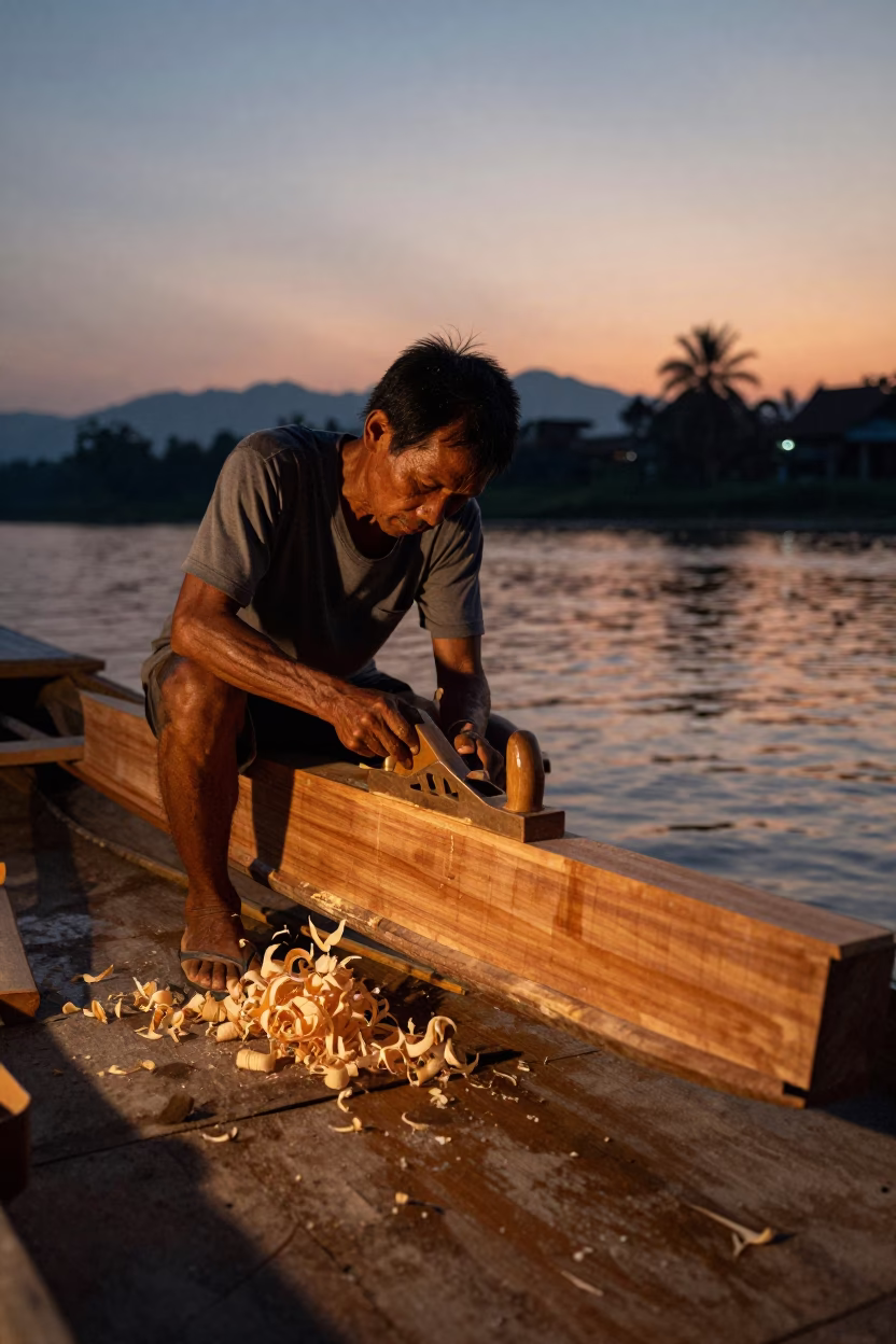 Luang Prabang Laos Evening Boat Builder Planing Hull Hand Plane in in Luang Prabang, Laos