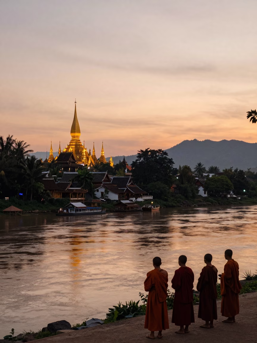 Luang Prabang Laos Evening Horizon Shot with Monks and River View in in Luang Prabang, Laos