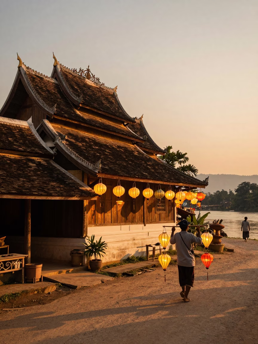 Luang Prabang Laos Evening Light Paper Lanterns and River Street Scene in in Luang Prabang, Laos