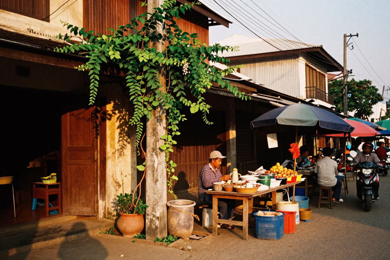 Luang Prabang Laos Evening Market Street Scene with Vine and Pearl Necklaces in in Luang Prabang, Laos