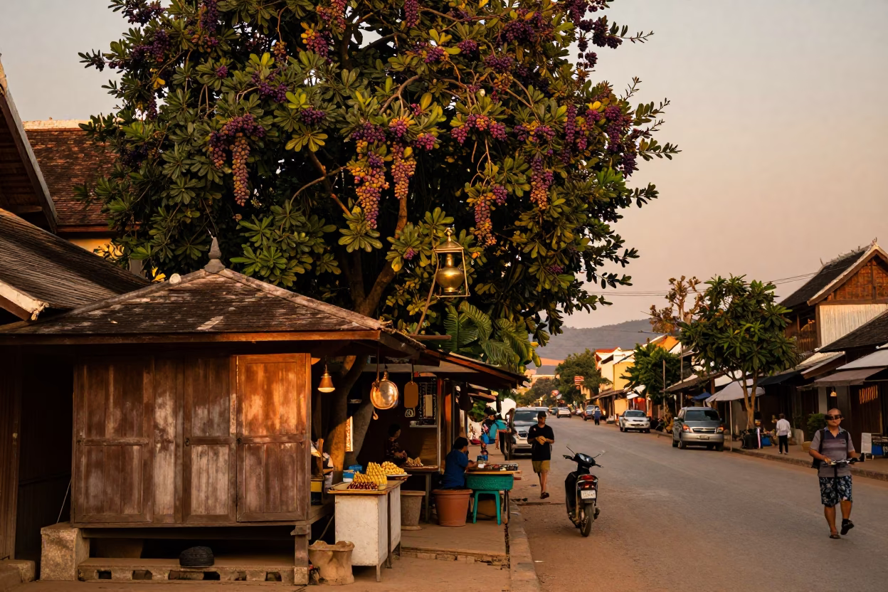 Luang Prabang Laos Evening Street Scene with Fig Tree and Brass Rail in in Luang Prabang, Laos