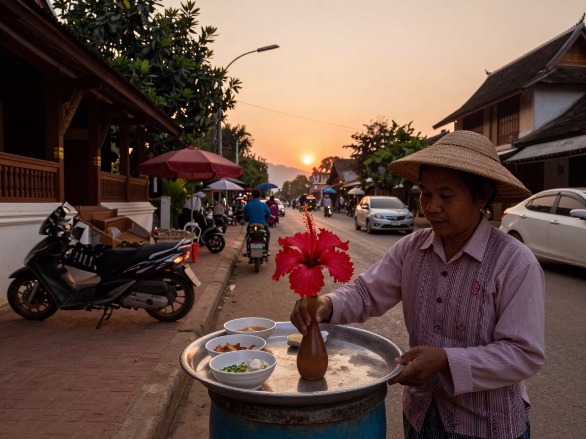 Luang Prabang Laos Evening Street Scene with Food and Hibiscus in in Luang Prabang, Laos