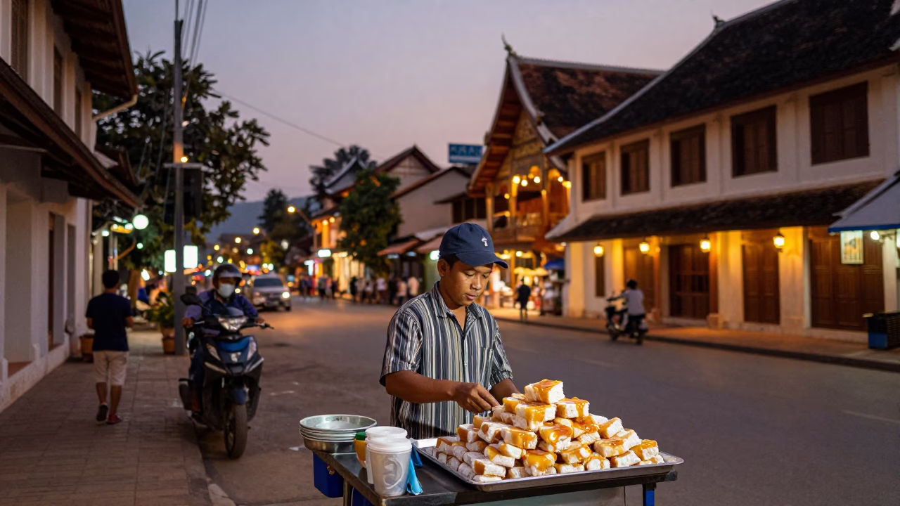 Luang Prabang Laos Evening Street Scene with Food Vendor and Traditional Architecture in in Luang Prabang, Laos