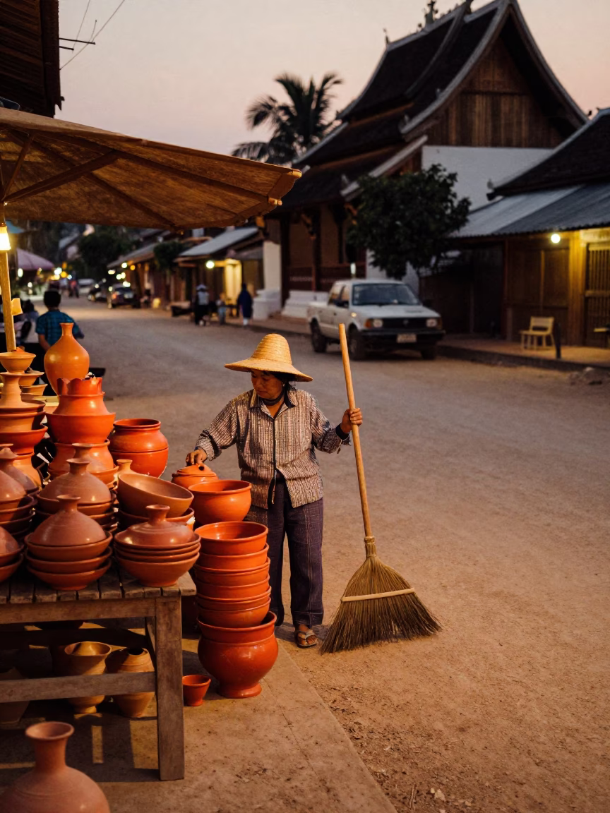 Luang Prabang Laos Evening Street Scene with Hand Broom and Terracotta Bowls in in Luang Prabang, Laos