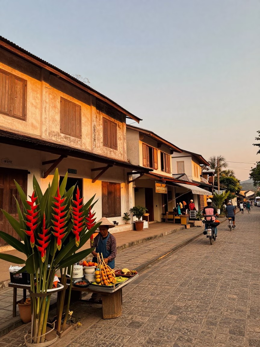 Luang Prabang Laos Evening Street Scene with Heliconia Flowers and Local Market Activity in in Luang Prabang, Laos