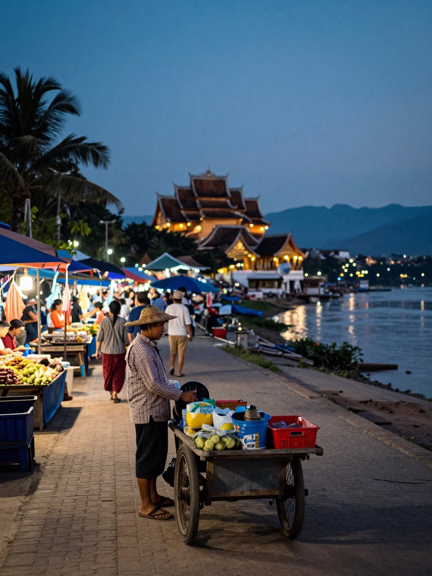 Luang Prabang Laos Evening Street Scene with Local Vendor and Traditional Architecture in in Luang Prabang, Laos