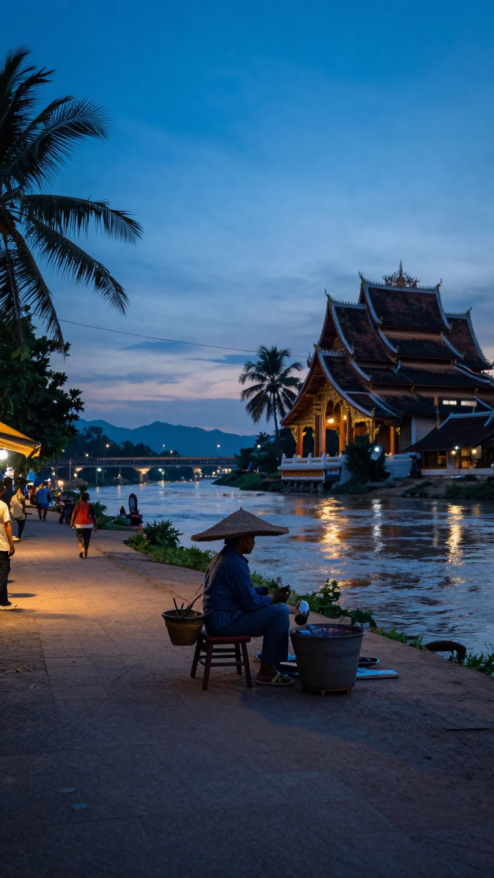 Luang Prabang Laos Evening Street Scene with Local Vendor and Traditional Details in in Luang Prabang, Laos