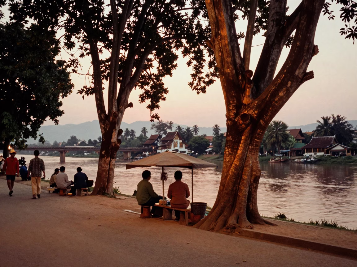 Luang Prabang Laos Evening Street Scene with Local Vendor and Traditional Elements in in Luang Prabang, Laos