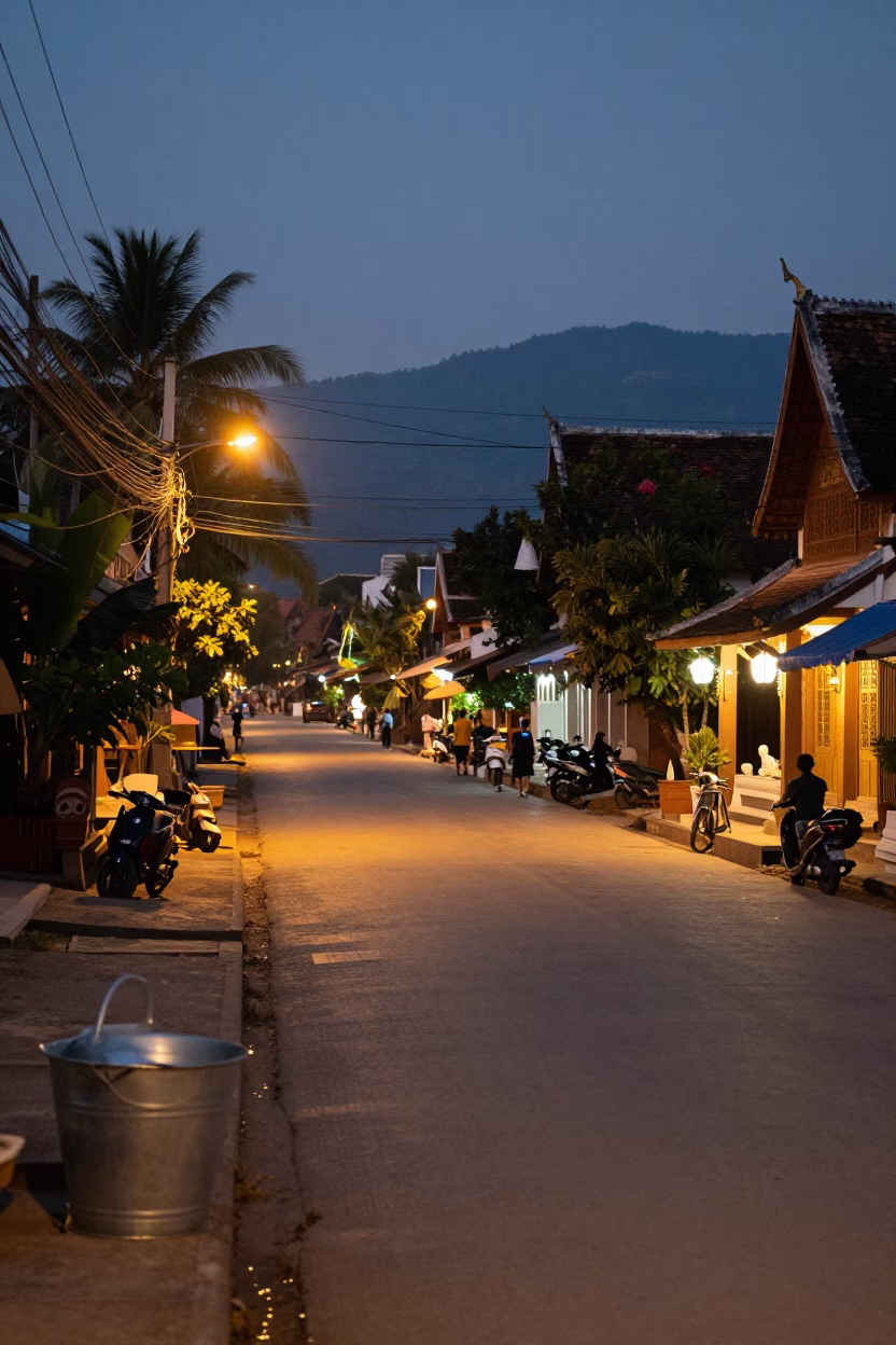 Luang Prabang Laos Evening Street Scene with Metal Bucket and Local Market Activity in in Luang Prabang, Laos
