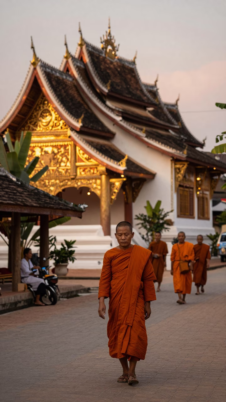 Luang Prabang Laos Evening Street Scene with Monk Alms and Golden Light in in Luang Prabang, Laos