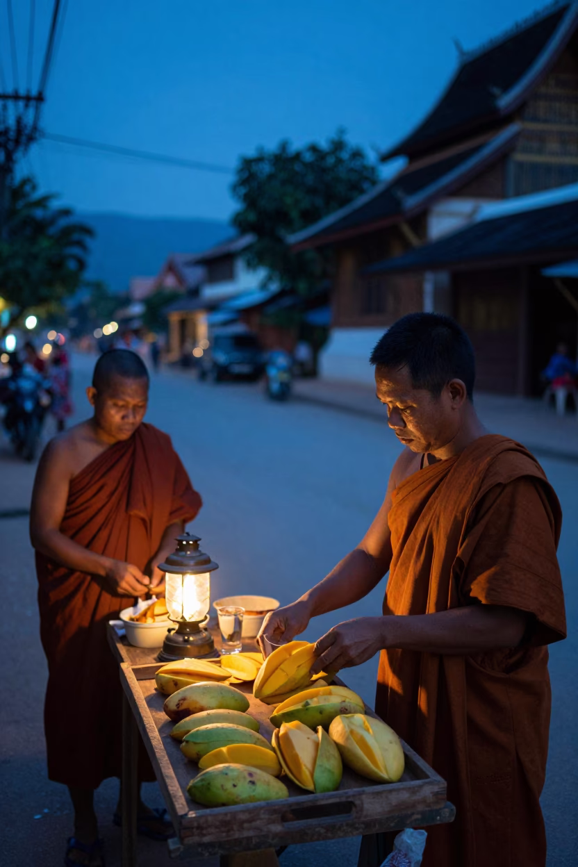 Luang Prabang Laos Evening Street Scene with Monk Alms and Local Vendor in in Luang Prabang, Laos