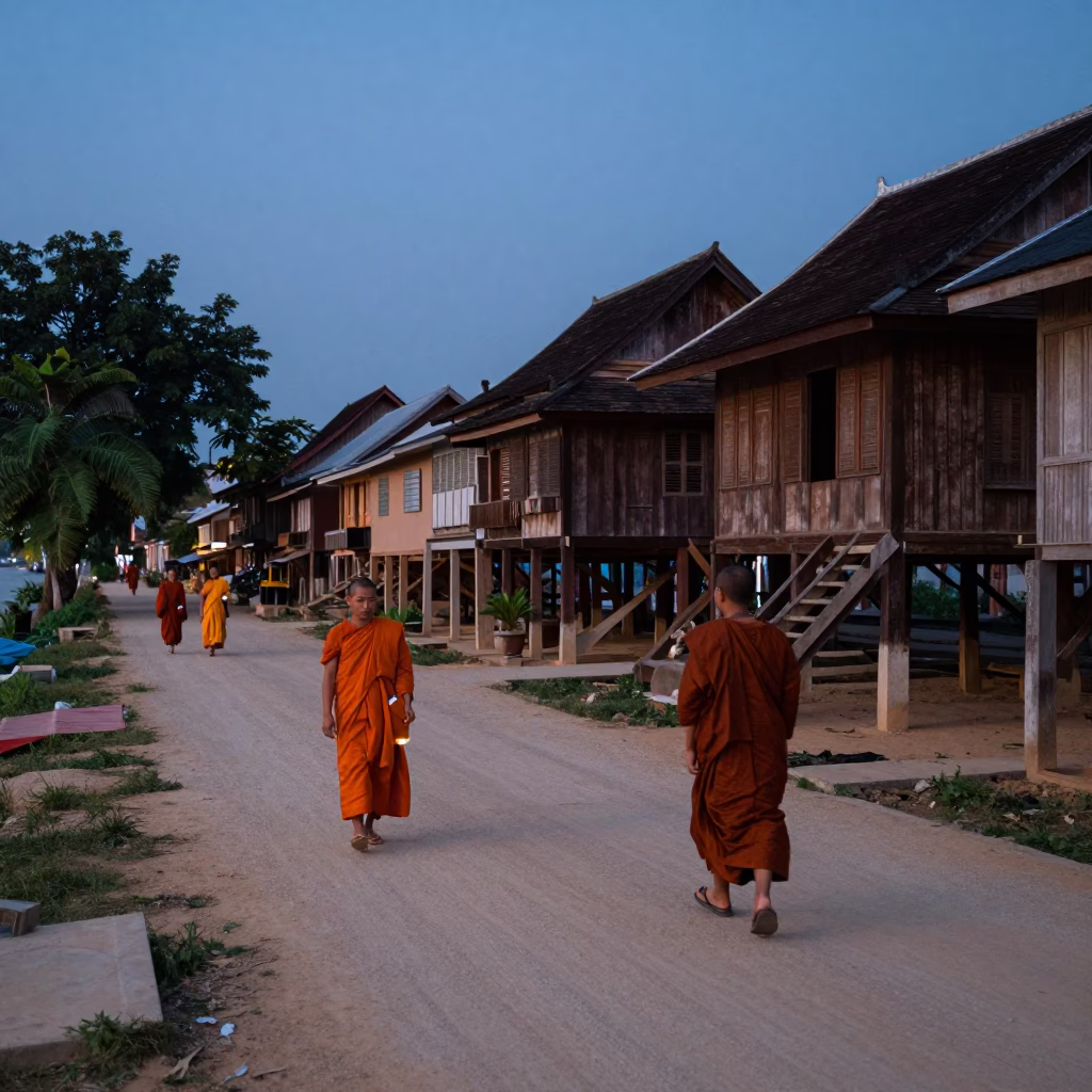 Luang Prabang Laos evening street scene with monk alms and traditional activity in in Luang Prabang, Laos